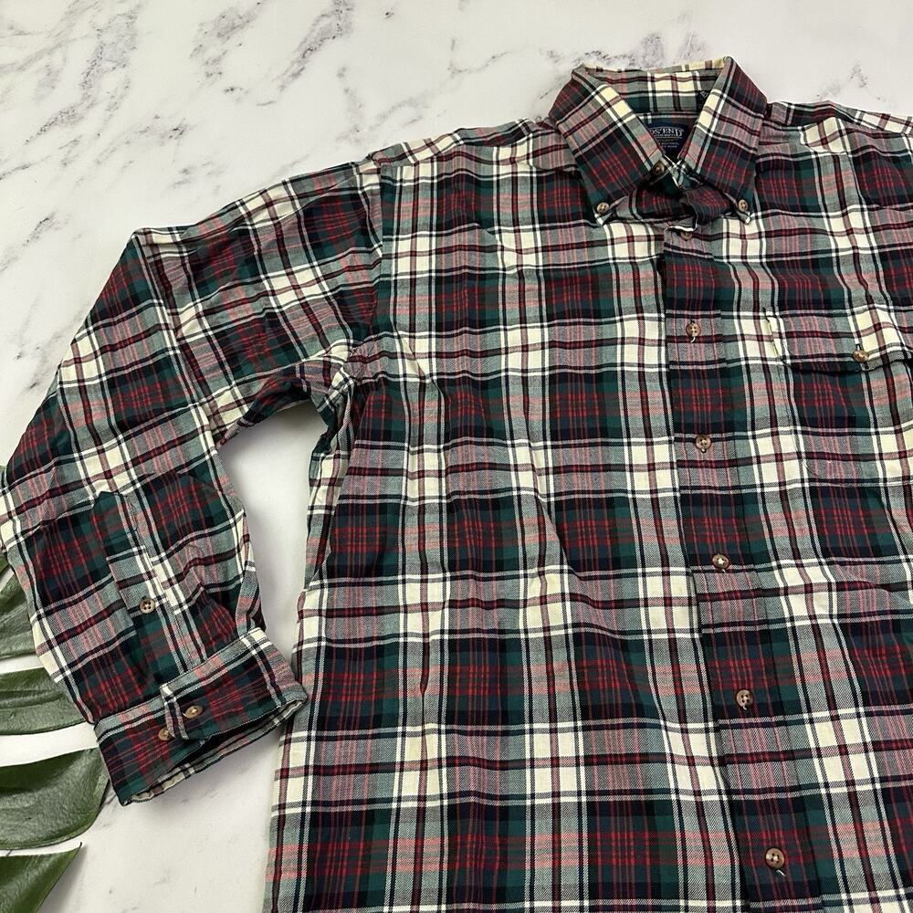 Lands End Mens Vintage 90s Plaid Shirt Size L Red Green Wool Cotton Blend - Picture 4 of 11
